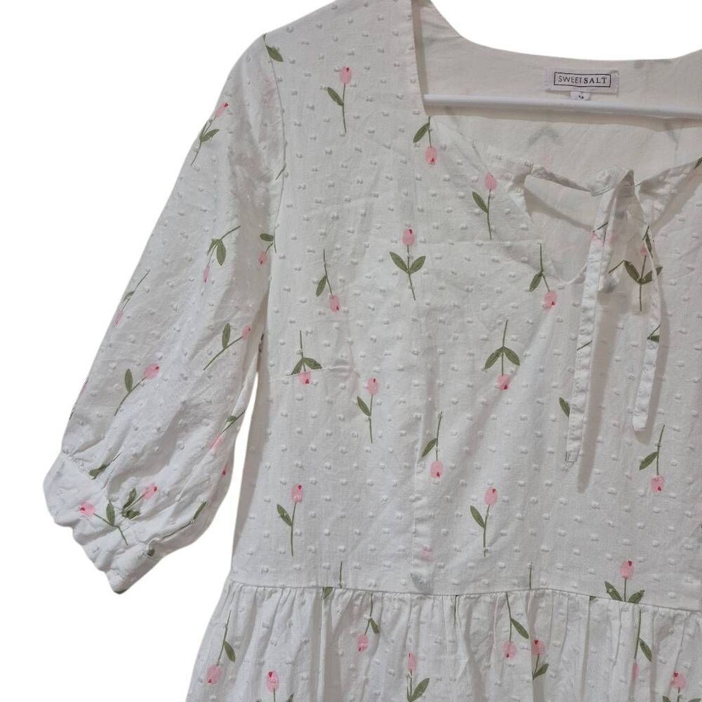 Sweet Salt Modest White & Pink Floral Midi Dress with Puff Sleeves - Size Medium - Picture 7 of 12